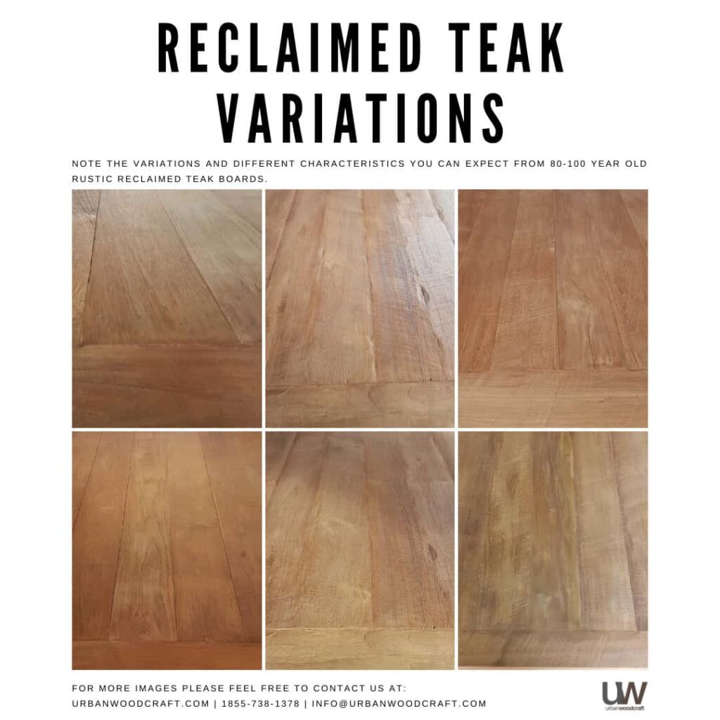 Six samples of reclaimed teak wood, showing variations in color and texture. Text indicates that these boards are 80-100 years old. Contact information for Urban Woodcraft is provided at the bottom.