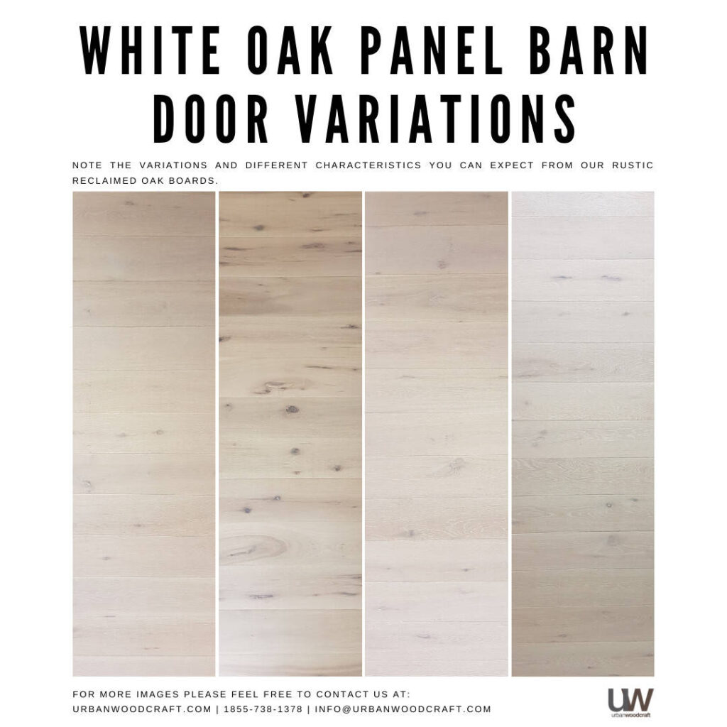 Image displaying five vertical panels, each showing different variations of white oak barn door textures and colors, from lighter to darker shades. Text emphasizes variations from rustic reclaimed oak boards.