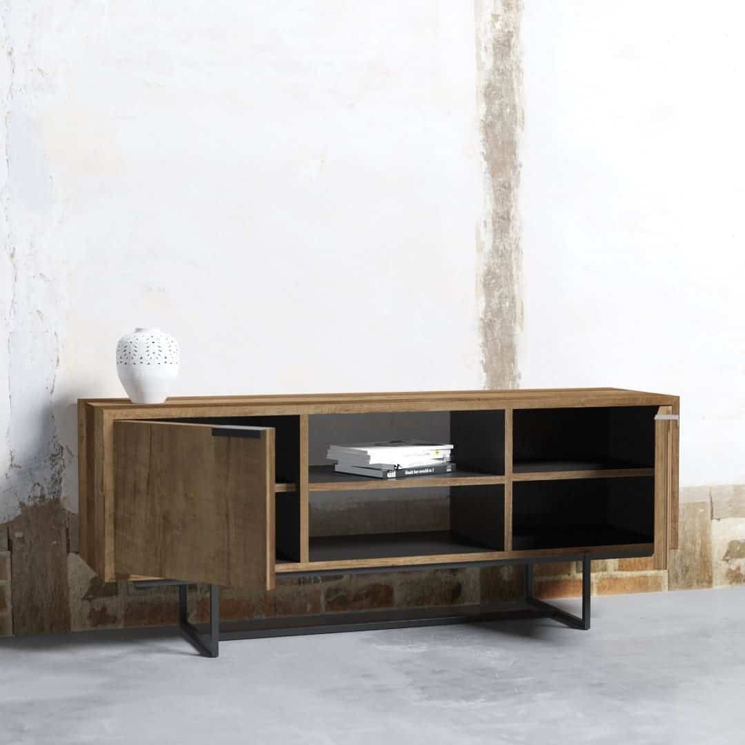 A wooden sideboard with black shelving, featuring an open compartment and one door slightly ajar. A white vase is placed on the left side of the top surface.