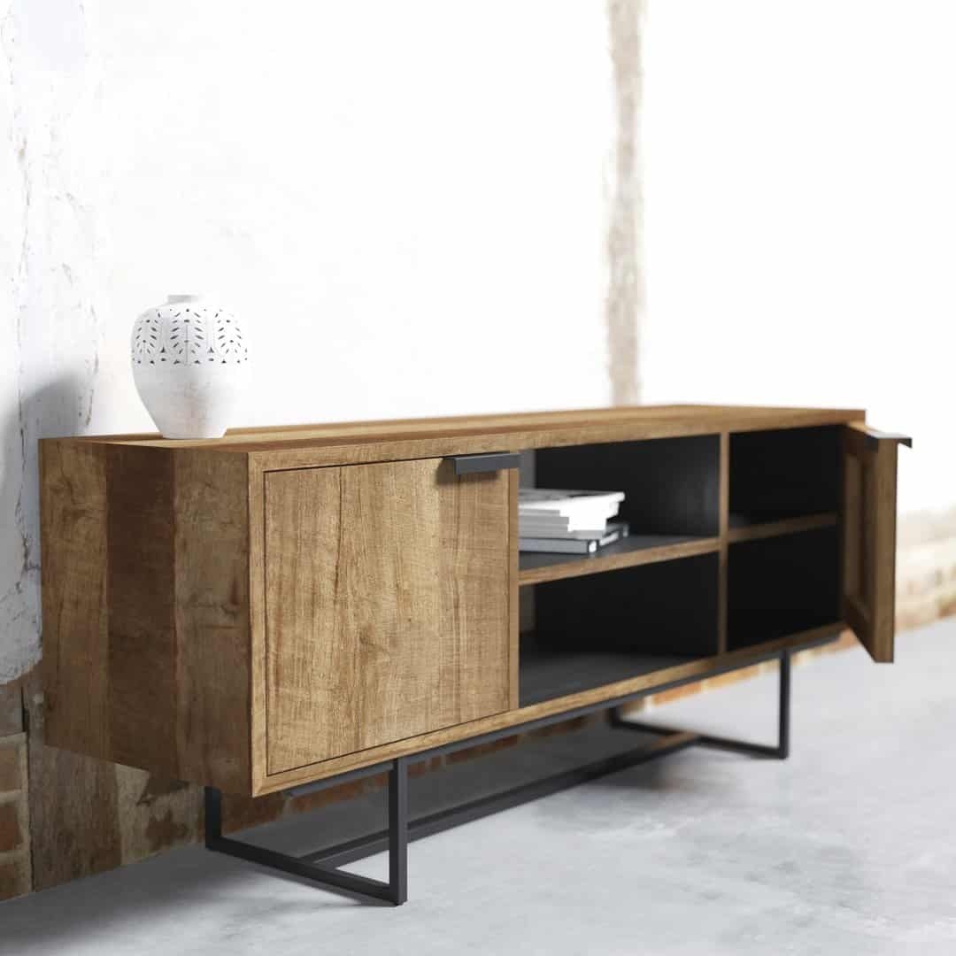 ADDITIONAL (3) PARISIAN FACTORY 2 SHELF CONSOLE - ODE-2019-003 Rev 02 ( TV Meubel Odeon II 150 cm ) doof A wooden sideboard with metal legs, featuring one open cabinet door and two open shelves. A decorative white vase is placed on top.