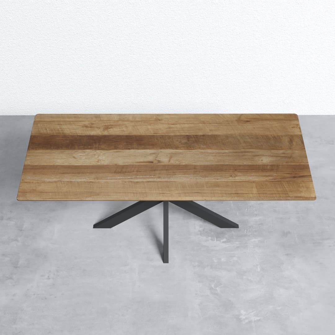 ADDITIONAL (3) KOLT 83_ DINING TABLE - AIR 011 3 A rectangular wooden table with a light brown surface and black metal base stands on a gray concrete floor.