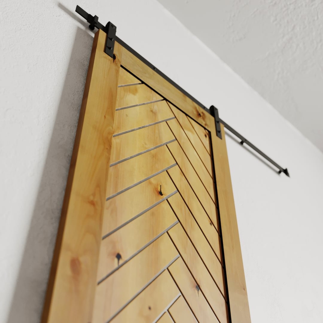 Urban Woodcraft Nuvo Barn Door - Knotty Alder 3 The Nuvo 83" x 40" Barn Door, featuring a wooden construction with a herringbone pattern and a metal sliding mechanism, is installed against a white wall.