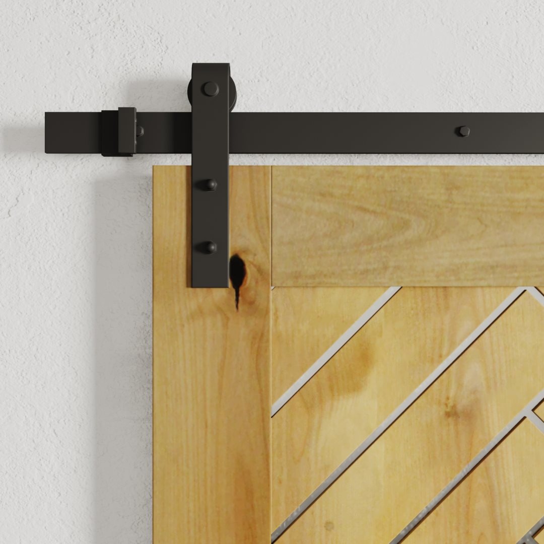Urban Woodcraft Nuvo Barn Door - Knotty Alder 5 Close-up of the Nuvo 83" x 40" Barn Door with diagonal planks, mounted on a sleek black metal rail system, against a white textured wall.