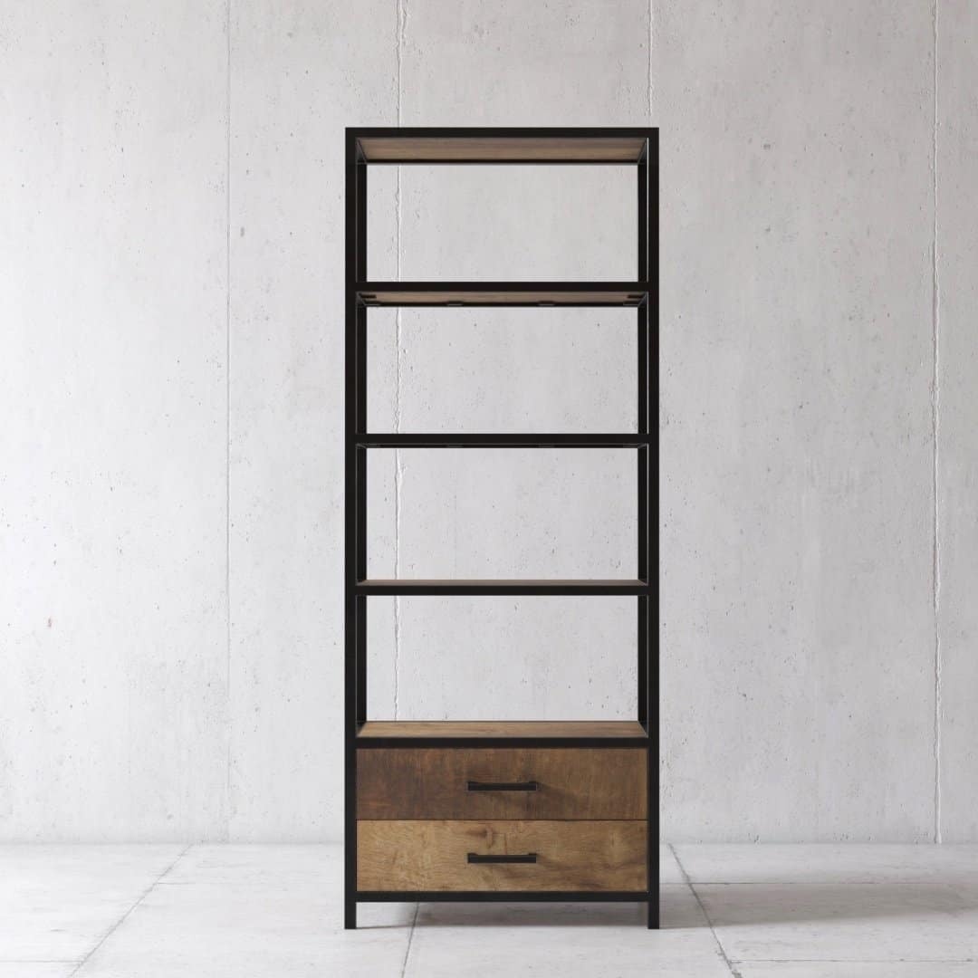 An Opus 25" Bookshelf with a black metal frame, four wooden shelves, and two wooden drawers at the bottom, set against a plain white wall.