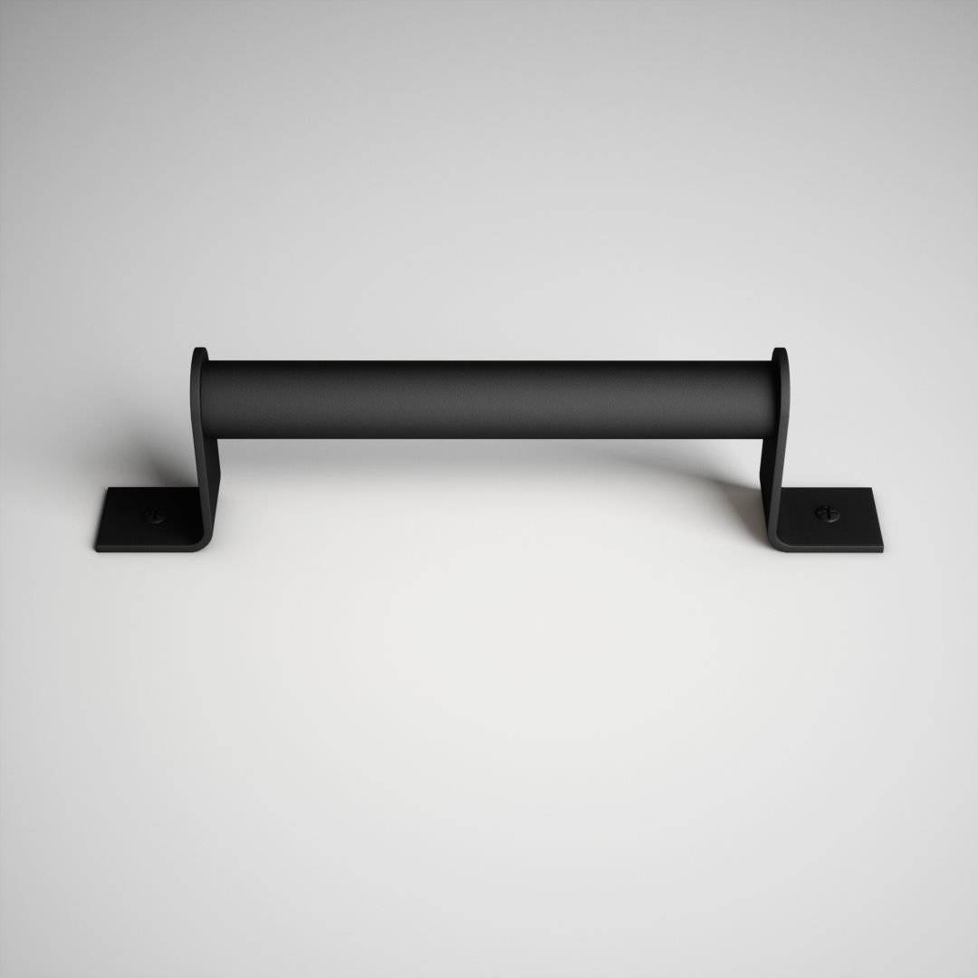 A black Barn Door Handle with two square mounting plates is attached to a grey surface, reminiscent of the craftsmanship found on 14th Street.