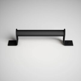 A black Barn Door Handle with two square mounting plates is attached to a grey surface, reminiscent of the craftsmanship found on 14th Street.