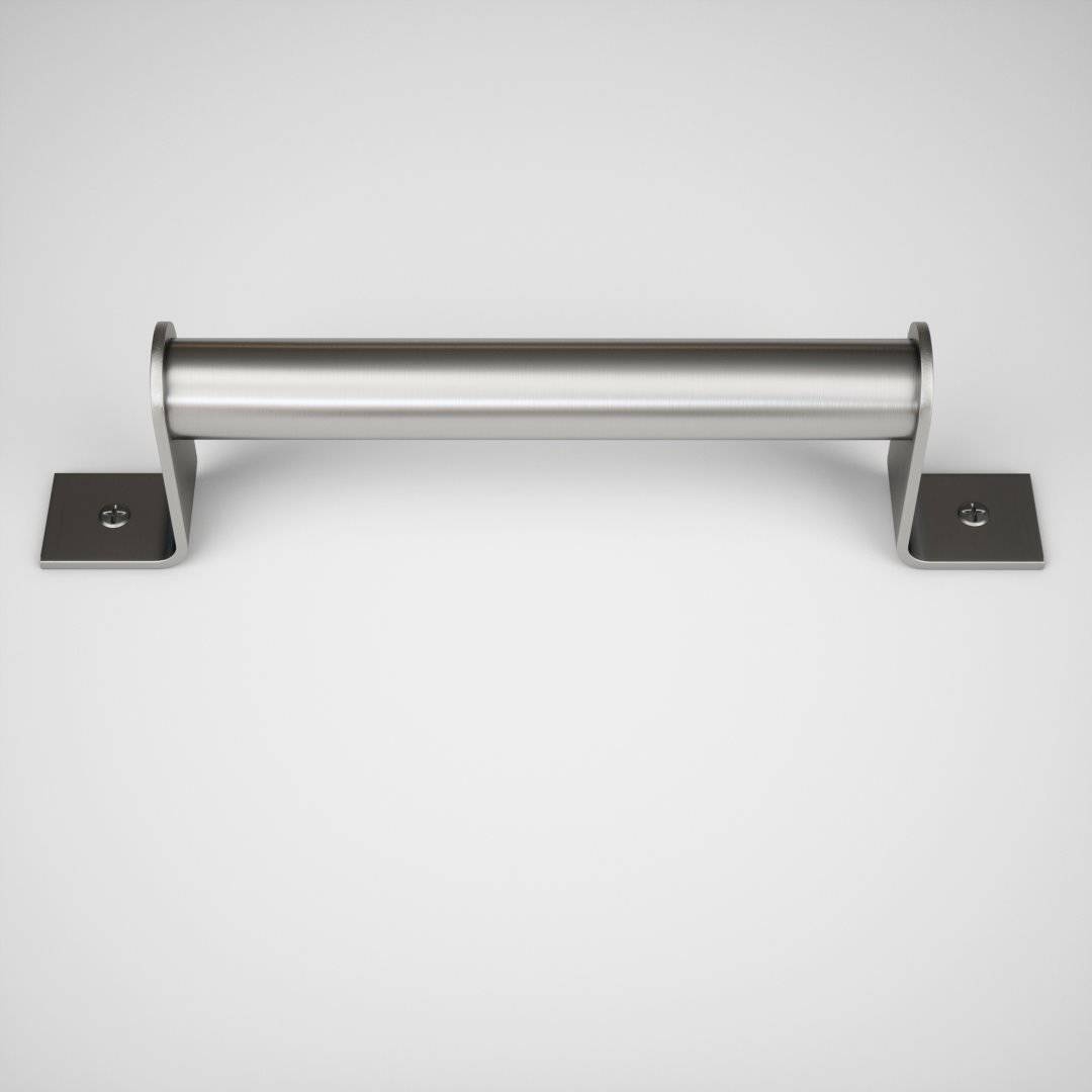 14 th street silver A brushed nickel barn door handle with a silver metallic cylindrical design and square mounting plates at both ends, set against a white background.
