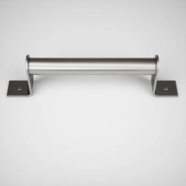 A brushed nickel barn door handle with a silver metallic cylindrical design and square mounting plates at both ends, set against a white background.