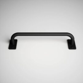 A 15th Street Barn Door Handle in black metal mounted on a white surface.