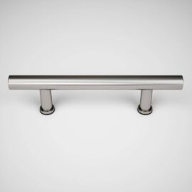 A stainless steel cylindrical handle with two mounting bases is centered against a plain white background, reminiscent of a sleek fixture you might find on a stylish barn door at 17th Street.