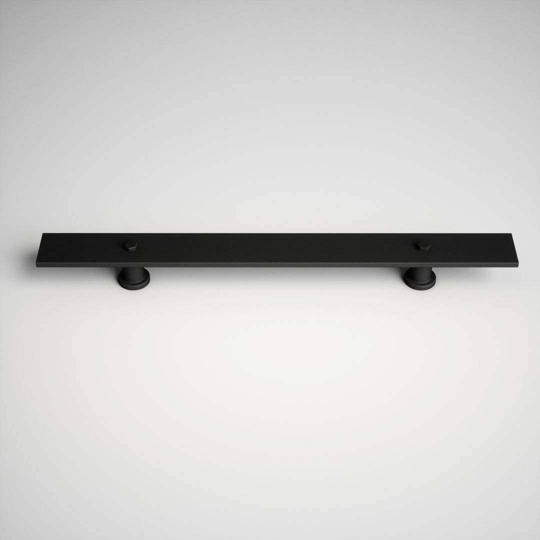 A sleek, black, rectangular barn door handle with two mounting points is displayed against a plain background.