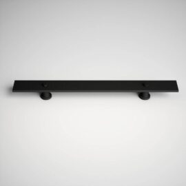 A sleek, black, rectangular barn door handle with two mounting points is displayed against a plain background.