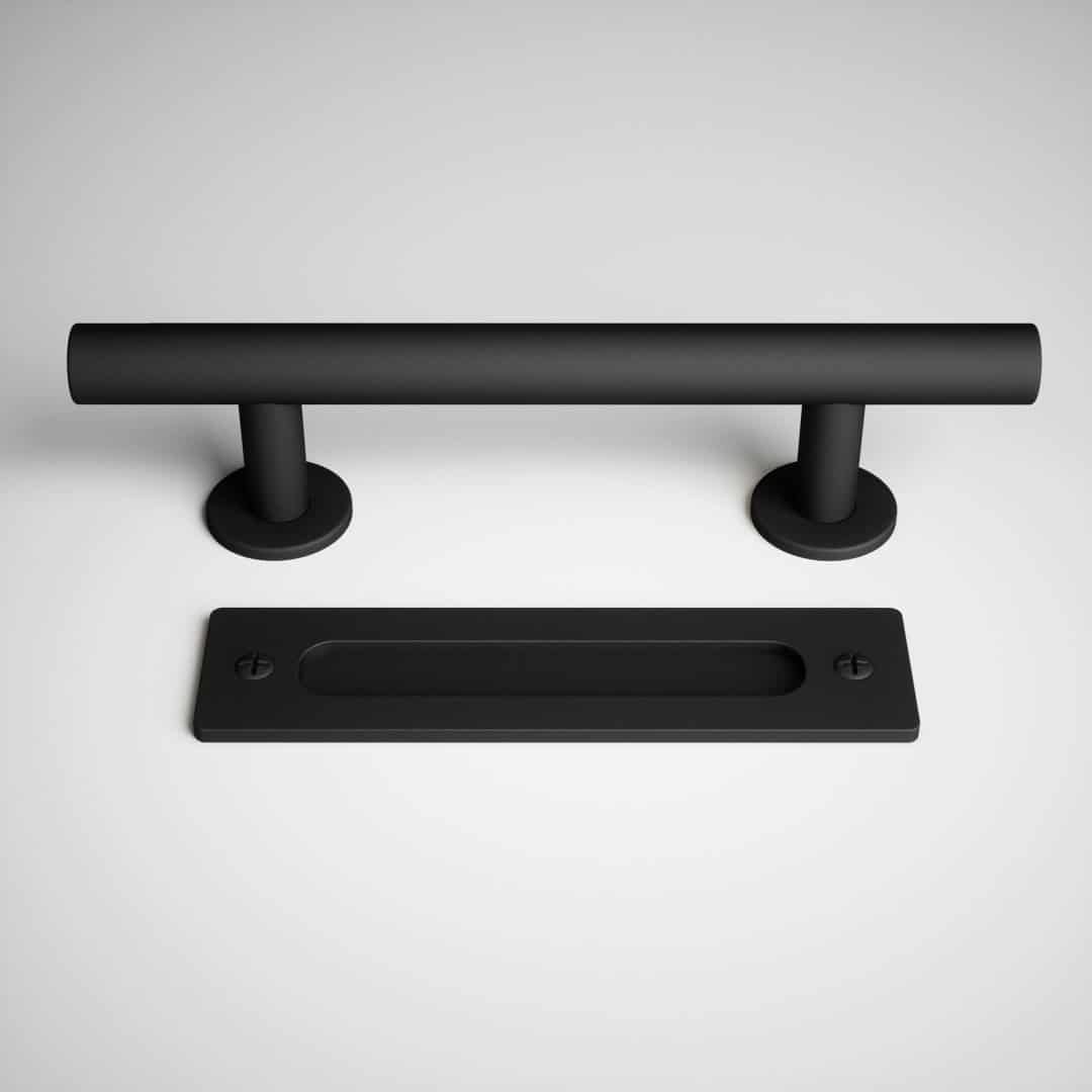 A black 19th Street Barn Door Handle 2 Sided and a rectangular recess handle displayed on a white background.