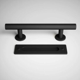 A black 19th Street Barn Door Handle 2 Sided and a rectangular recess handle displayed on a white background.