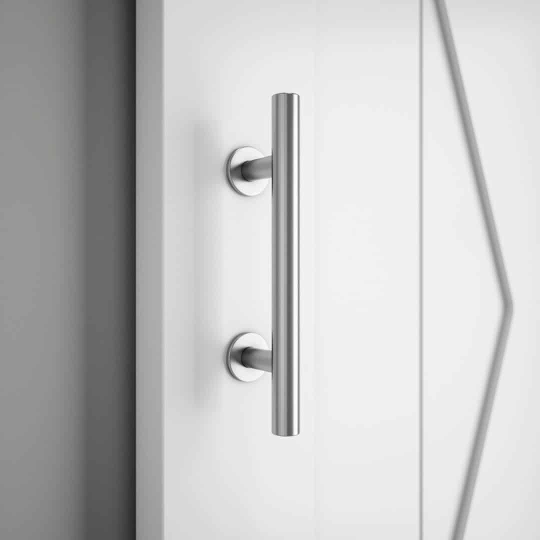 A close-up of the 19th Street Barn Door Handle 2 Sided, a modern, silver vertical handle attached to a white door. The cylindrical handle features two round mounting points.