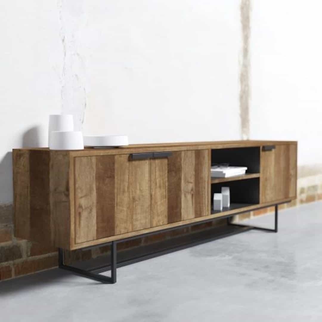 78″ 3 Door Console-03 A 3 Door Parisian Factory 78″ TV Console boasting various compartments and metal legs, positioned against a white wall.