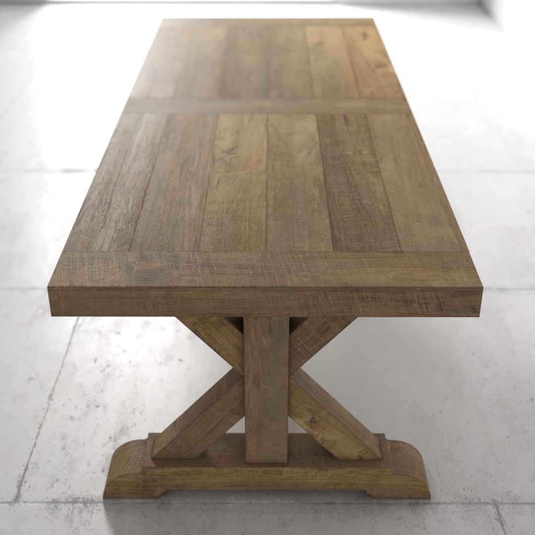 98 120 Maderra - 3 A Madera Dining Table - Natural with a rustic design, featuring a rectangular top and an X-shaped base, placed on a smooth floor in a bright room.