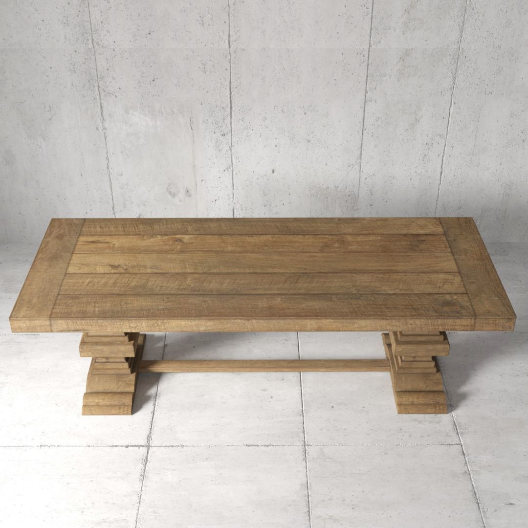 Castello Dining Table 1 The Castello Dining Table - Natural, featuring a rectangular wooden design with thick legs, is placed on a gray tiled floor against a concrete wall.