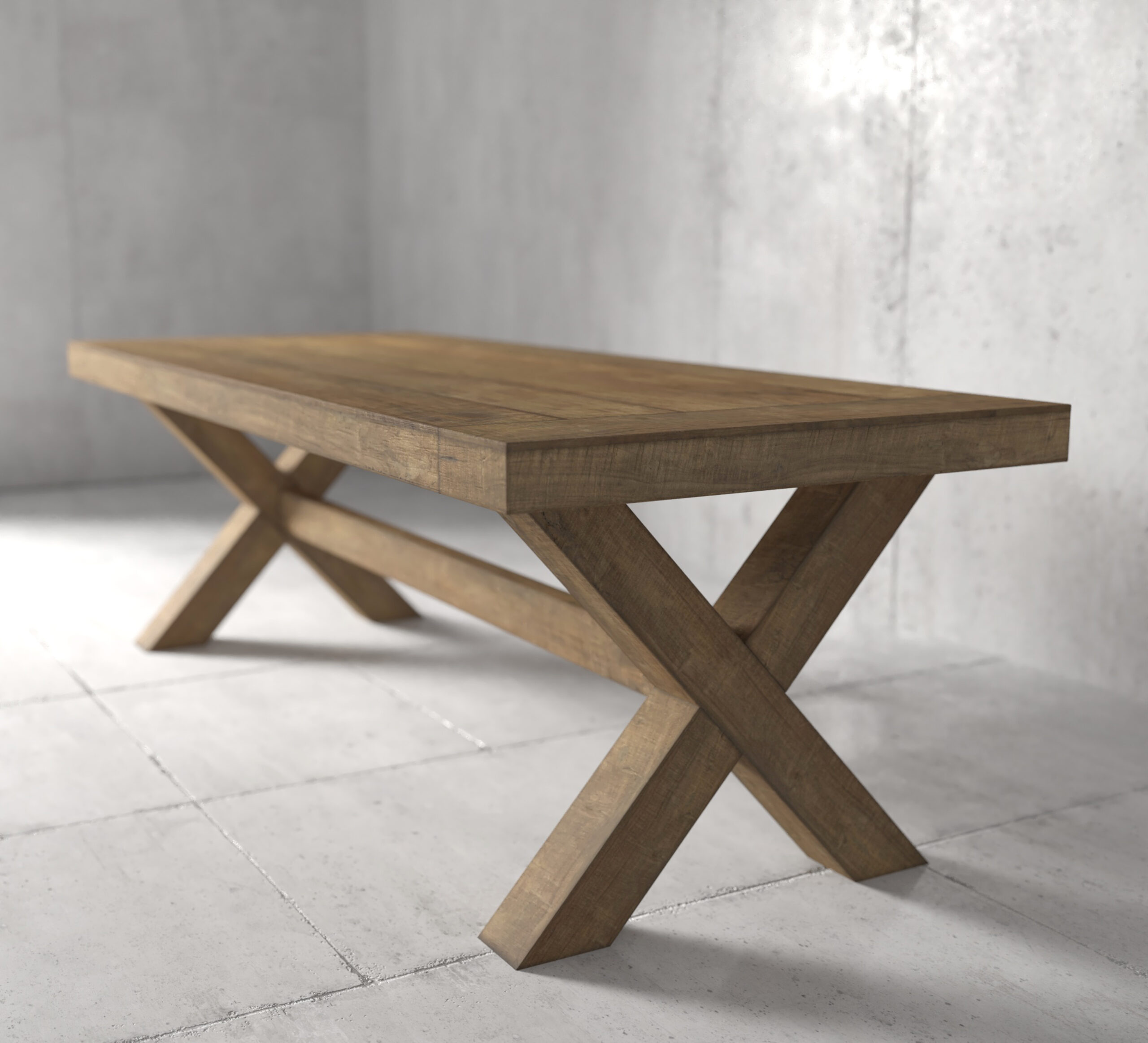 GRAND CROSS - 1 The Grand Cross Dining Table, featuring a wooden rectangular top and X-shaped legs, stands on a tiled floor in a minimalistic, light gray room.