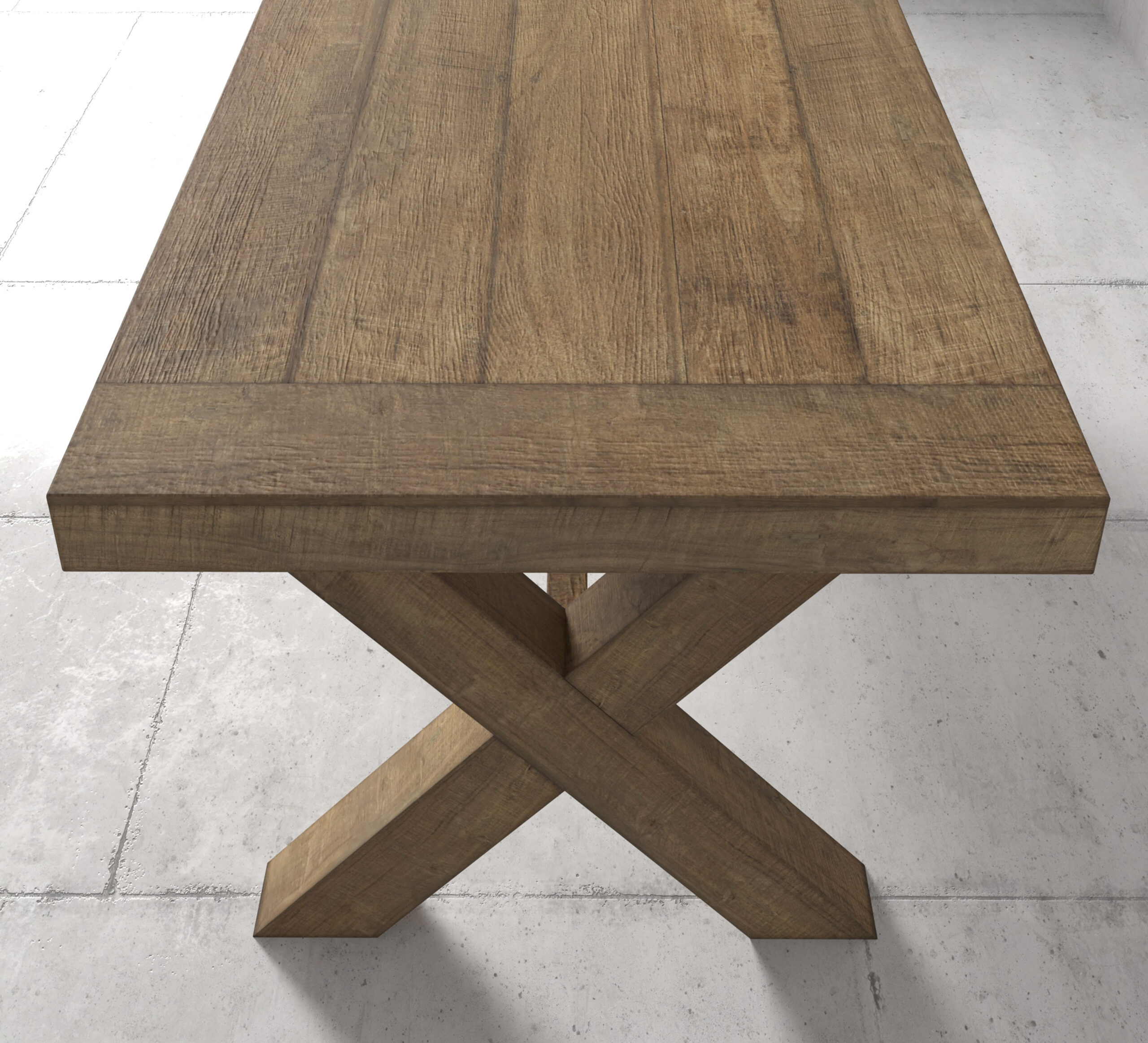GRAND CROSS - 2 The Grand Cross Dining Table, featuring a rectangular wooden top and an X-shaped base, is placed on a tiled floor.