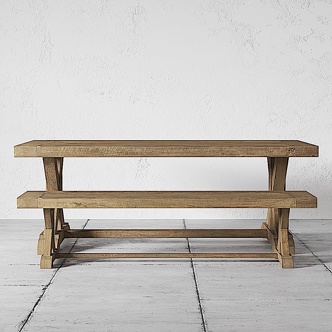 A Natural Madera Dining Table with a bench-style design sits on a tiled floor against a white textured wall.