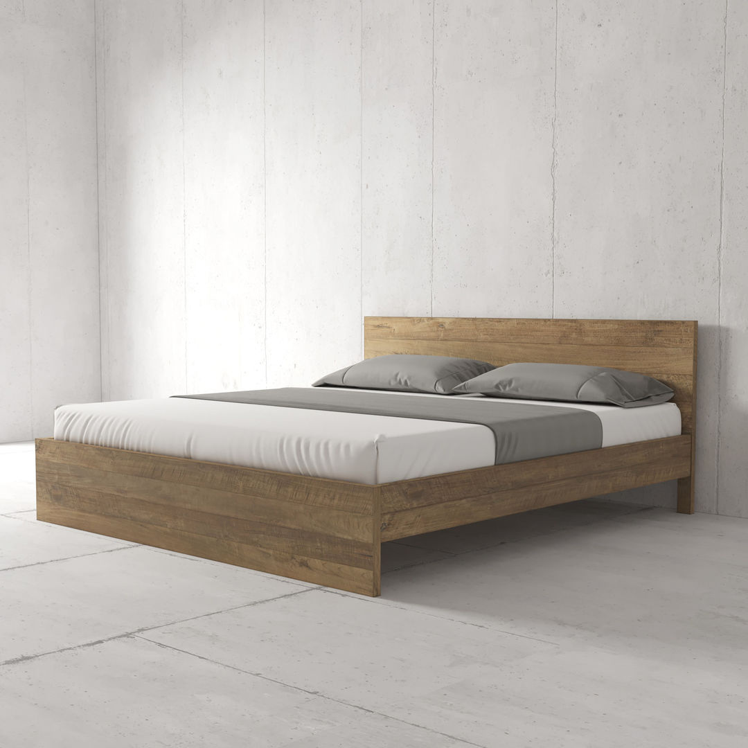 The Satillo Bed, a minimalist wooden frame complete with a low-profile headboard, is elegantly adorned with neatly made white linens and two gray pillows. It's perfectly situated in a plain room with concrete walls and flooring.