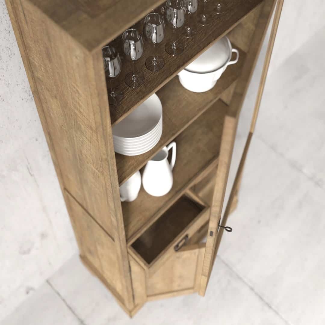 Urban Woodcraft 36 Riverbend Display Consol - Natural (4) An aerial view of the Riverbend 36" Display Cabinet reveals multiple shelves adorned with glasses, white plates, and pitchers, along with a closed drawer at the bottom. The cabinet is set against a plain, light-colored wall.
