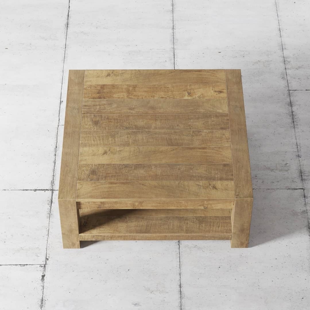 Urban Woodcraft 43 Agency Coffee Table - Natural (2) A Villa Coffee Table with a shelf sits on a light-colored tiled floor.