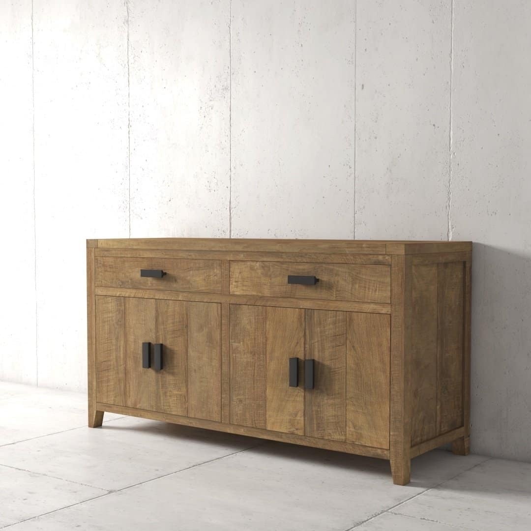 Urban Woodcraft 60 Brookside Dining Buffet (2) The Brookside Dining Buffet, a wooden sideboard with a natural finish, features two pull-out drawers on top and four cabinet doors below, each adorned with black handles. It is positioned against a plain concrete wall.