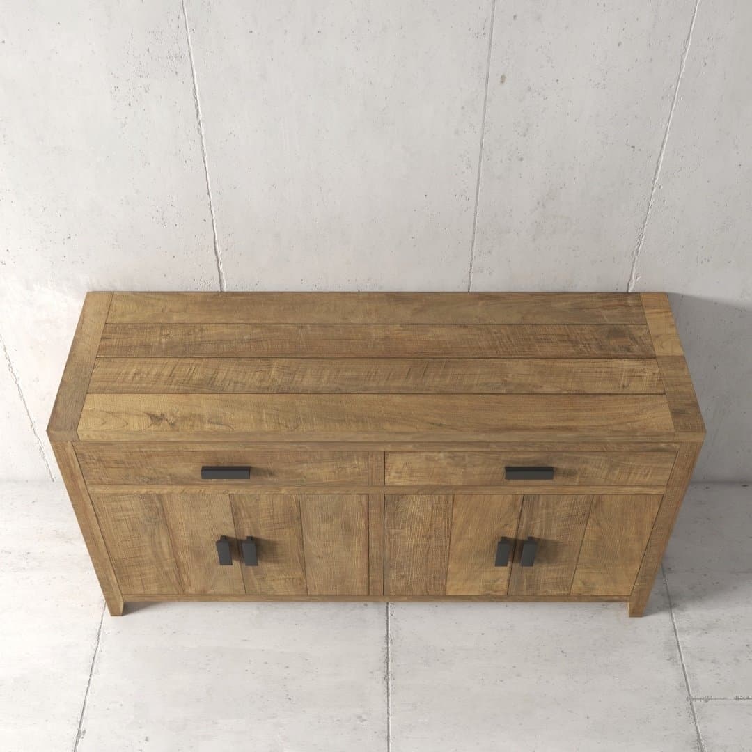 Urban Woodcraft 60 Brookside Dining Buffet (3) The Brookside Dining Buffet, a wooden sideboard with two drawers and two cabinets featuring dark handles, stands against a plain, light-colored wall.