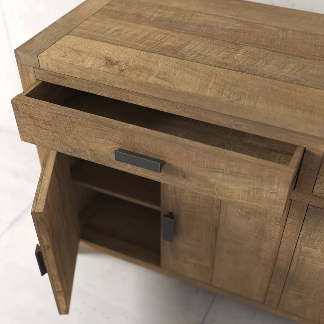 Urban Woodcraft 60 Brookside Dining Buffet (4) The Brookside Dining Buffet features a wooden sideboard with a single open drawer and an open cabinet door, revealing interior shelves.