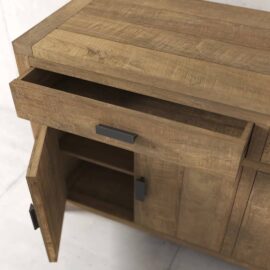 The Brookside Dining Buffet features a wooden sideboard with a single open drawer and an open cabinet door, revealing interior shelves.