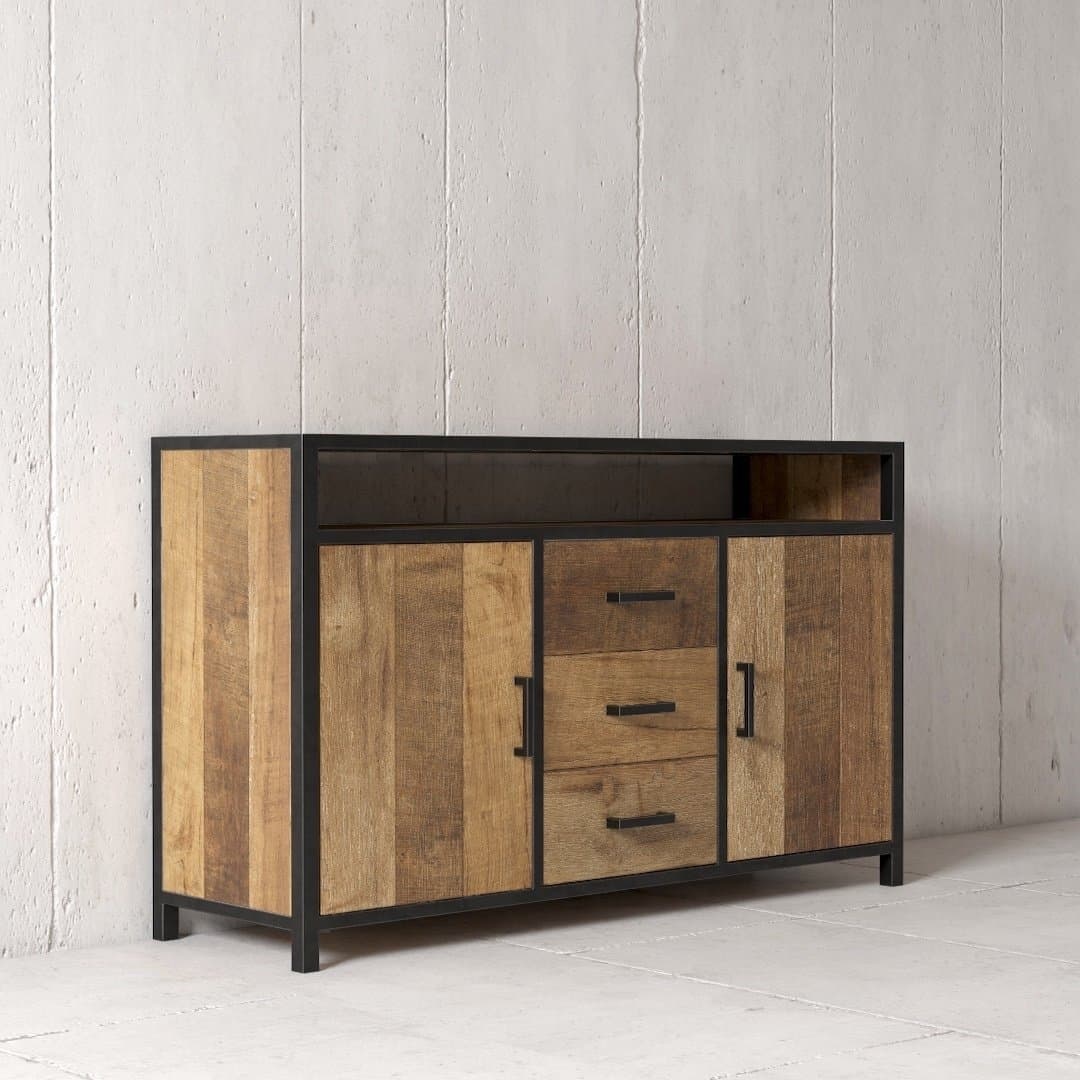 Urban Woodcraft 60 Opus Dining Buffet - MultiColoured Teak (4) The Opus Dining Buffet, featuring a wooden build with a black metal frame, includes two side cabinets, three center drawers, and an open top shelf, all set against a concrete wall.