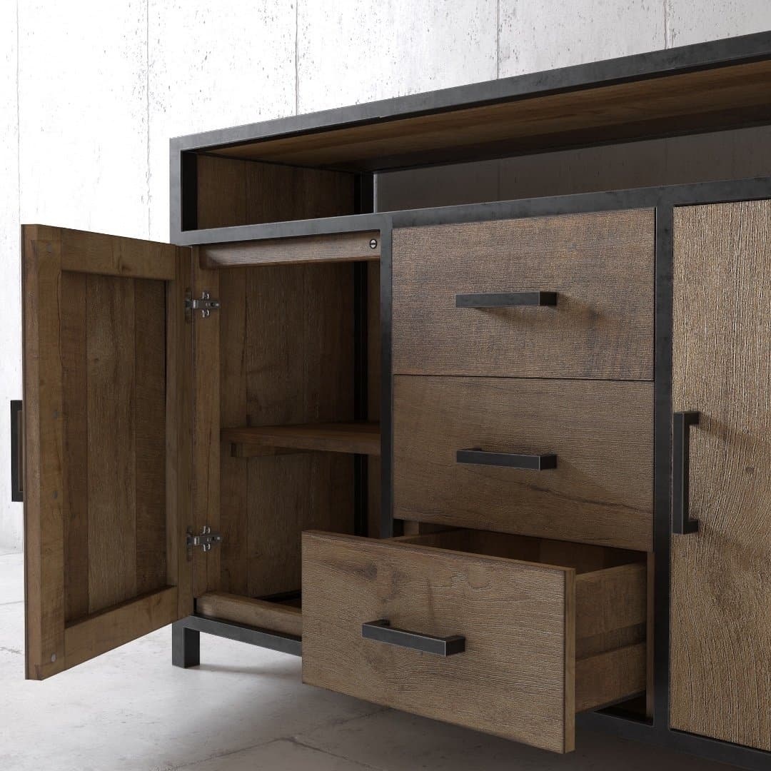 Urban Woodcraft 60 Opus Dining Buffet – MultiColoured Teak (5) Introducing the Opus Dining Buffet: a modern wooden cabinet with sleek metal accents, featuring two open doors and a partially open drawer, all revealing ample internal storage space.