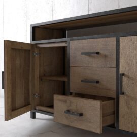 Introducing the Opus Dining Buffet: a modern wooden cabinet with sleek metal accents, featuring two open doors and a partially open drawer, all revealing ample internal storage space.