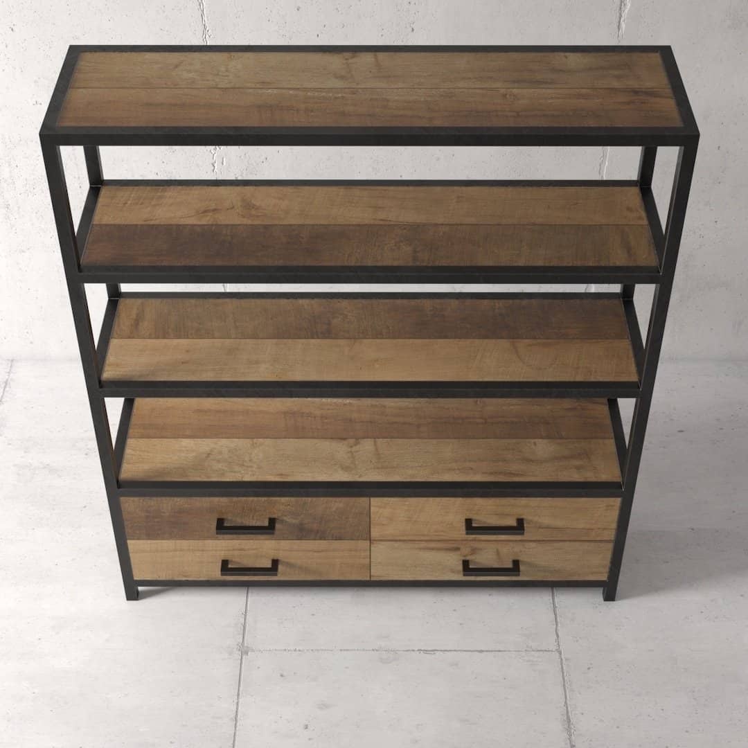 Urban Woodcraft 65 Opus Bookshelf (3) The Opus 25" Bookshelf, featuring a wooden shelving unit with a black metal frame, three open shelves, and two drawers at the bottom, is set against a plain concrete wall and floor background.