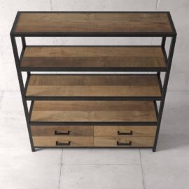The Opus 25" Bookshelf, featuring a wooden shelving unit with a black metal frame, three open shelves, and two drawers at the bottom, is set against a plain concrete wall and floor background.