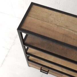 Top-down view of the Opus 25" Bookshelf, showcasing its wooden shelving and black metal frame with multiple shelves.
