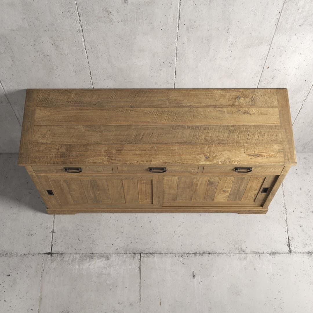 Urban Woodcraft 65 Riverbend Dining Buffet - Natural (2) Top-down view of the Riverbend Sliding Door Dining Buffet, featuring three drawer handles, set against a concrete wall and floor.