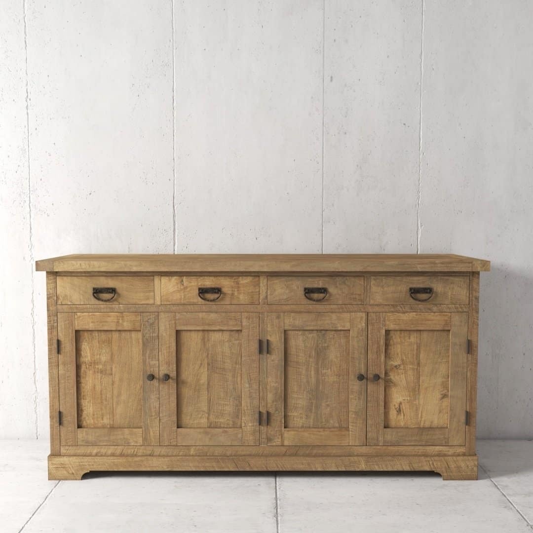 The Riverbend Dining Buffet, crafted from wood and featuring a natural finish, boasts three top drawers and four cabinet doors, perfectly set against a plain white wall.