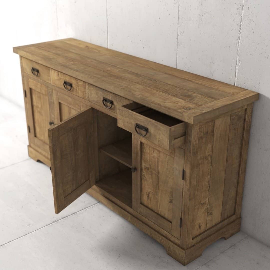 Urban Woodcraft 70 Riverbend Dining Buffet – Natural (4) The Riverbend Dining Buffet showcases a visible wood grain design, features two doors—one of which is open to display shelves—and includes four drawers with one drawer pulled out.