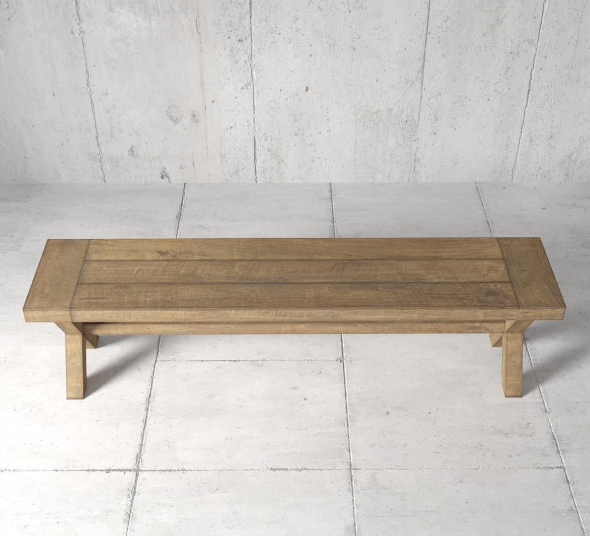 Urban Woodcraft 72 GrandX Bench - Natural (2) A rectangular Grand X Dining Bench with a natural finish sits on a tiled floor against a concrete wall background.