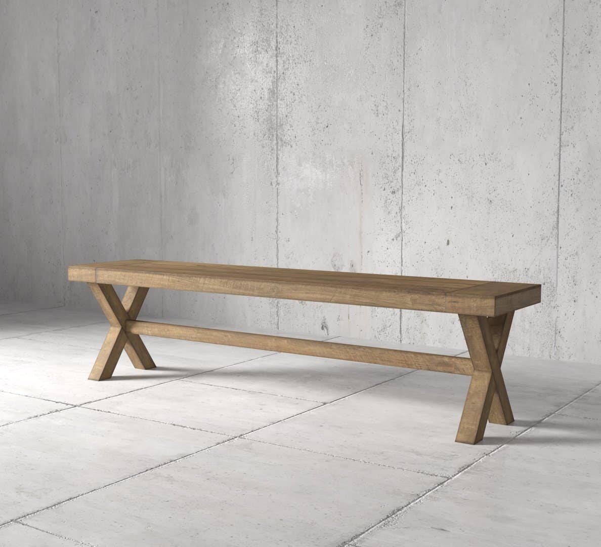 Urban Woodcraft 72 GrandX Bench - Natural (3) A Grand X Dining Bench placed against a plain concrete wall and tiled floor.