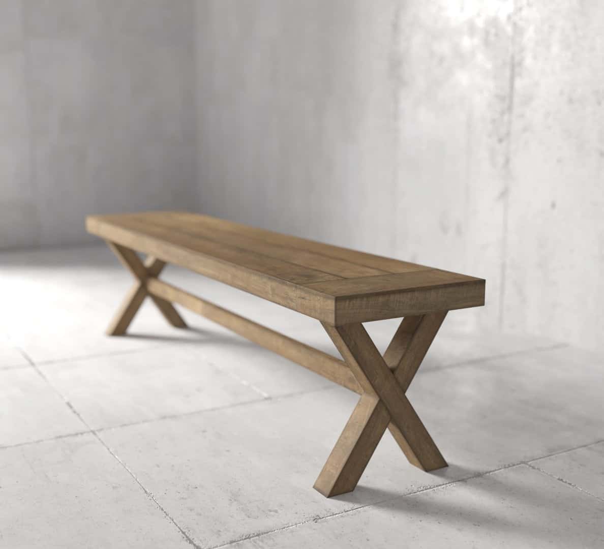 Urban Woodcraft 72 GrandX Bench - Natural (5) Grand X Dining Bench with X-shaped legs placed on a tiled floor in a minimalistic, concrete-walled room.