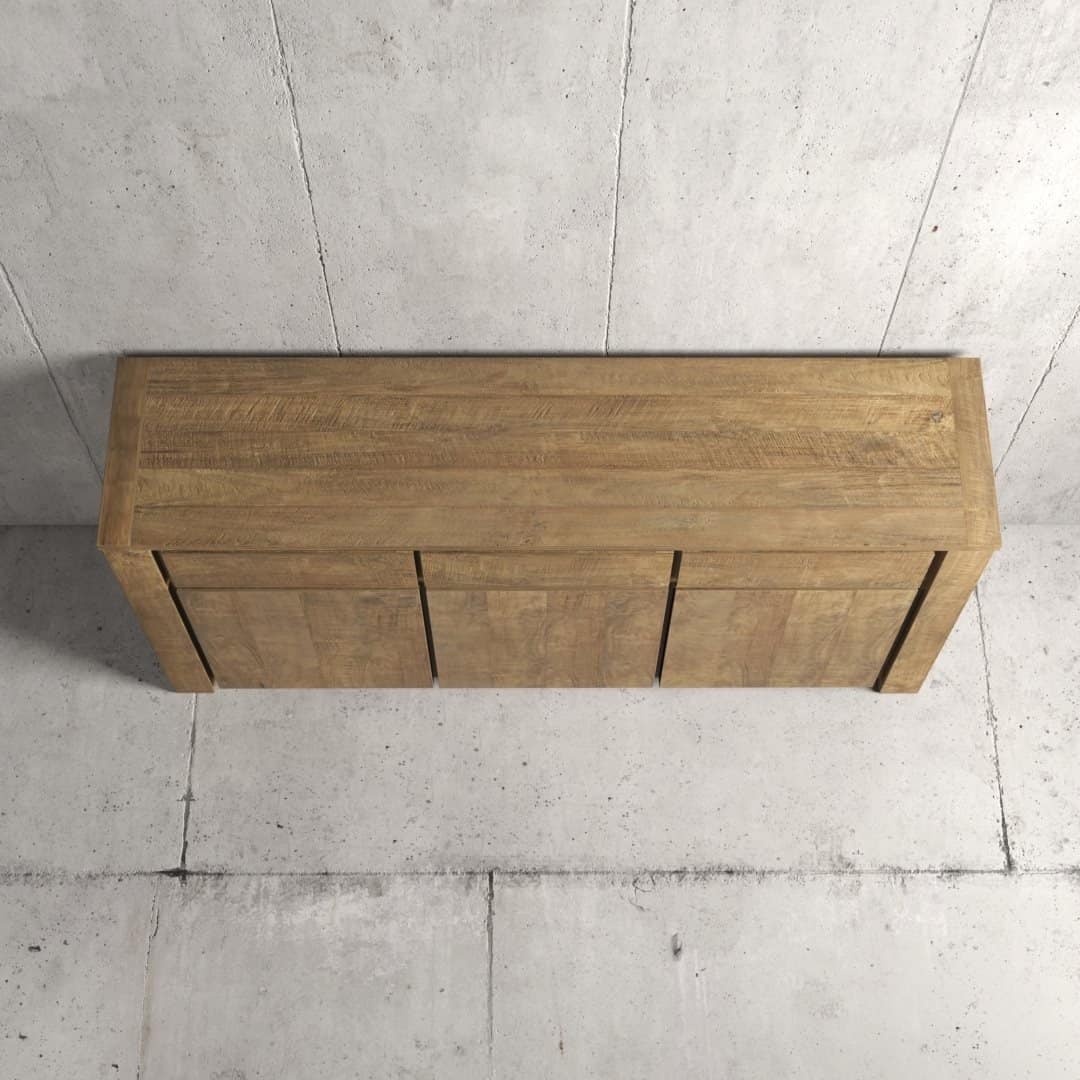 Urban Woodcraft 75 Teca Dining Buffet - Natural (2) The Teca Dining Buffet, featuring a clean and minimalistic design, set against a concrete wall background.