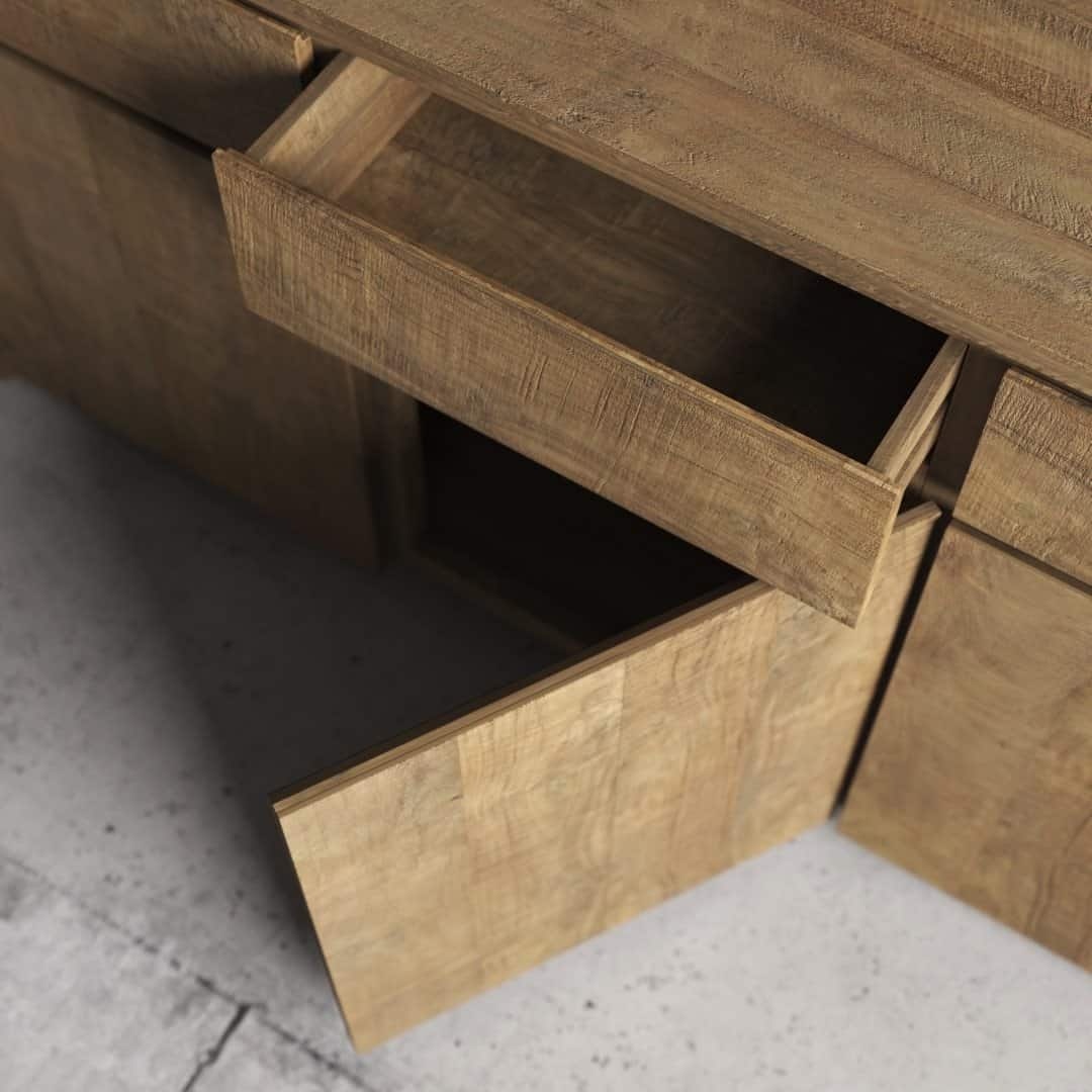 Urban Woodcraft 75 Teca Dining Buffet - Natural (5) The Teca Dining Buffet, with an open drawer and an open lower door, is placed on a concrete floor.