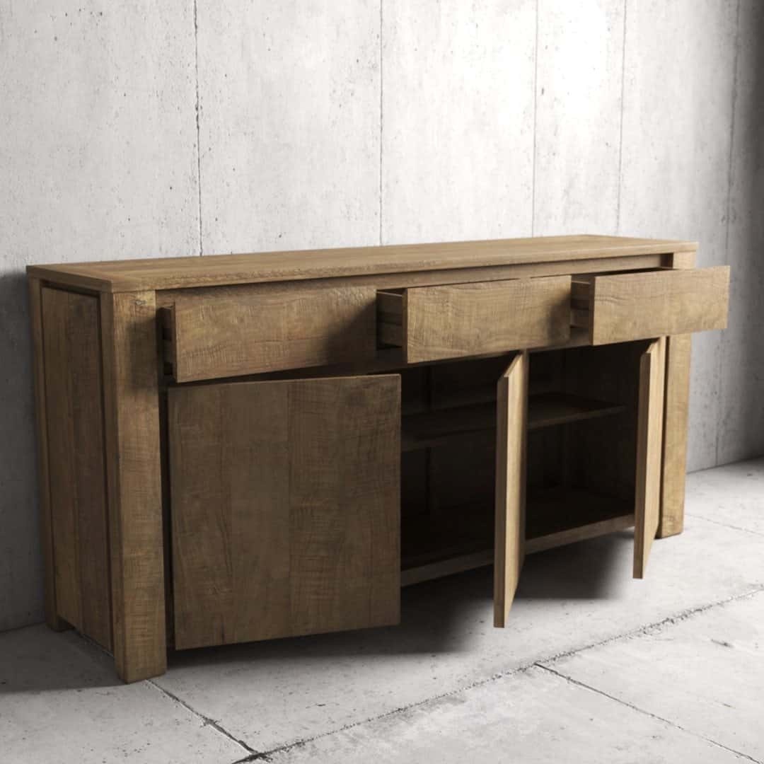 Urban Woodcraft 75 Teca Dining Buffet - Natural (6) The Teca Dining Buffet, featuring two drawers and two cabinet doors all partially open, stands against a concrete wall.