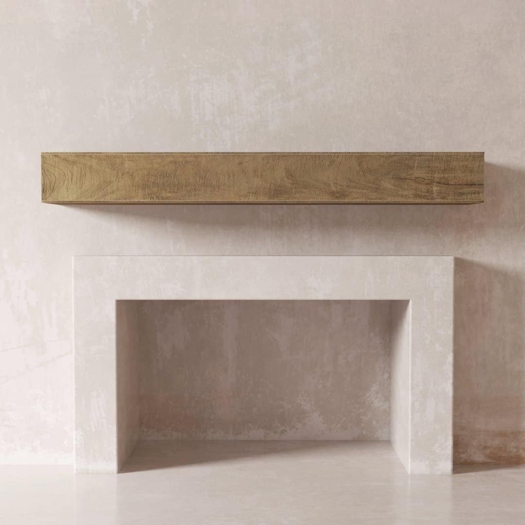 A minimalist fireplace with a beige rectangular opening and a light wooden wall mantel shelf mounted above it on a textured light-colored wall creates an inviting atmosphere in the Duluth home.