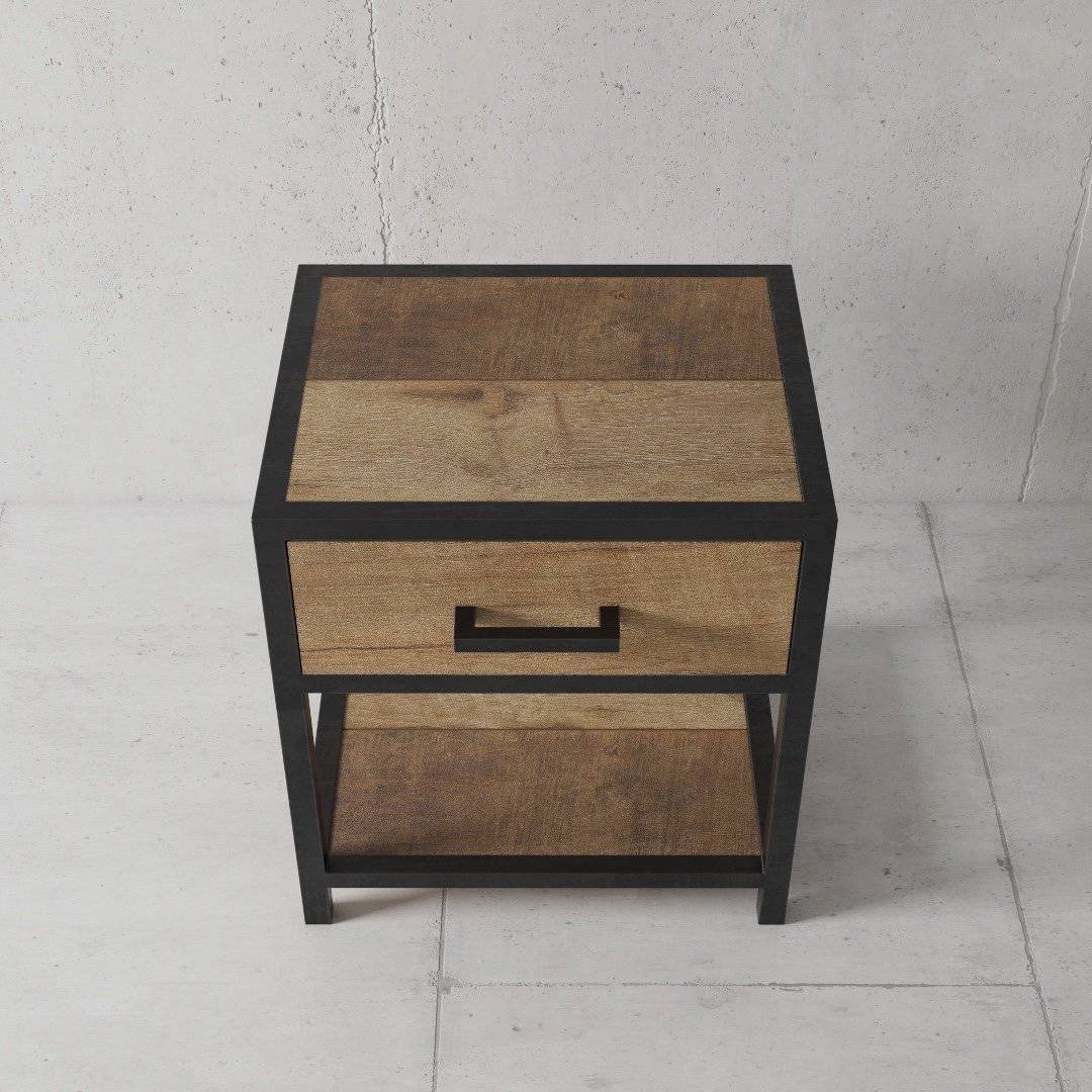 Urban Woodcraft Opus 24 Bed Side Table - MultiColoured Teak (2) The Opus Bedside End Table is a small, square, wooden side table with a drawer and a lower shelf, featuring a light and dark wood pattern, set against a white concrete background.