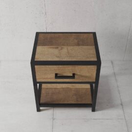 The Opus Bedside End Table is a small, square, wooden side table with a drawer and a lower shelf, featuring a light and dark wood pattern, set against a white concrete background.